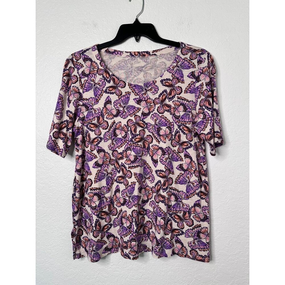 J.Jill Women's Top Dreamy Butterflies Side-Slit Tee Stretch Pima Cotton Size L